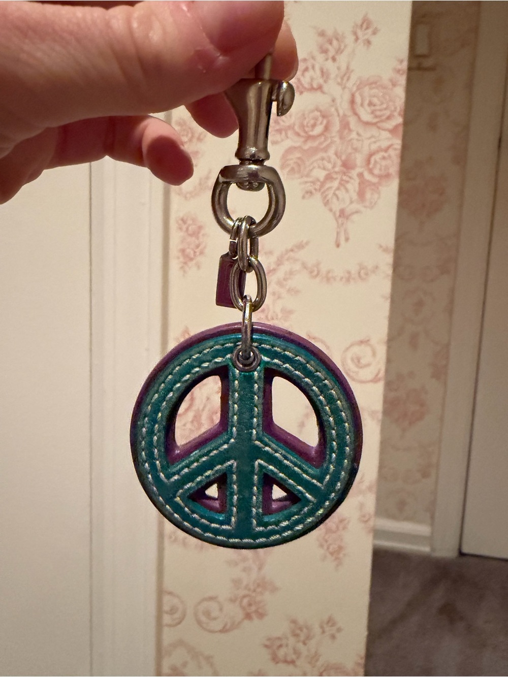 Vintage y2k Coach Teal and Purple Peace Sign Leather Keychain